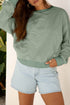 Raw Edge Flower Patch Drop Shoulder Contrast Rib Crewneck Long Sleeve Top